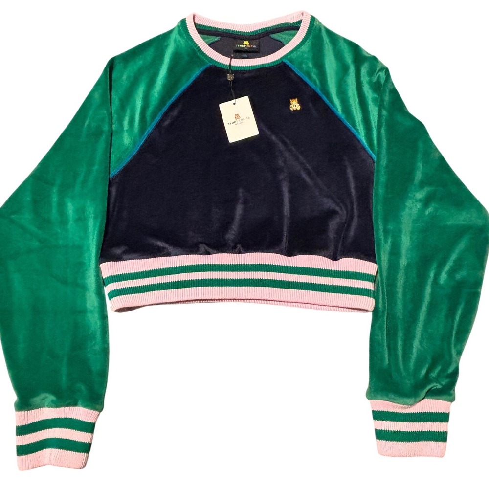 NWT Teddy Fresh Womens Velour Cropped Sweatshirt Navy Green Pink Bear Logo XS - Picture 2 of 7